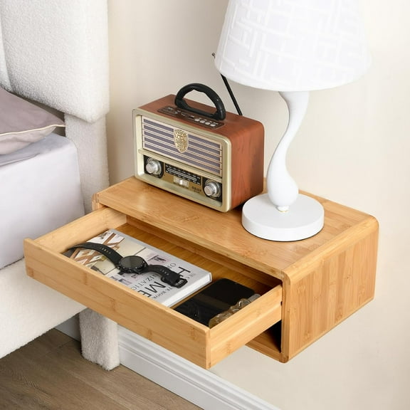 Bamboo Floating Nightstand with Storage Drawer, Fully Assembled Wall Mounted Bedside Table with Open Shelf, Modern End Table for Bedroom, Natural