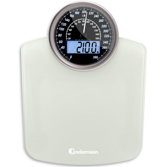 Báscula híbrida 2 en 1 analógica y digital Adamson para peso corporal de hasta 400 lb + Vidrio templado grueso + Pantalla extragrande + Báscula digital de baño fácil de leer + Nueva - Blanco