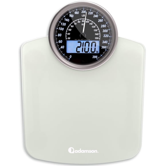 Báscula híbrida 2 en 1 analógica y digital Adamson para peso corporal de hasta 400 lb + Vidrio templado grueso + Pantalla extragrande + Báscula digital de baño fácil de leer + Nueva - Blanco