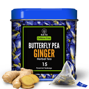 BLUE TEA - Butterfly Pea Flower Ginger Herbal Tea - 15 Pyramid Tea Bags | NATURAL COLORING for FOOD, Iced Tea, Cooler, Cocktails, Mocktails | Clitoria Flower or Blue Pea Flower - Premium Tin Pack