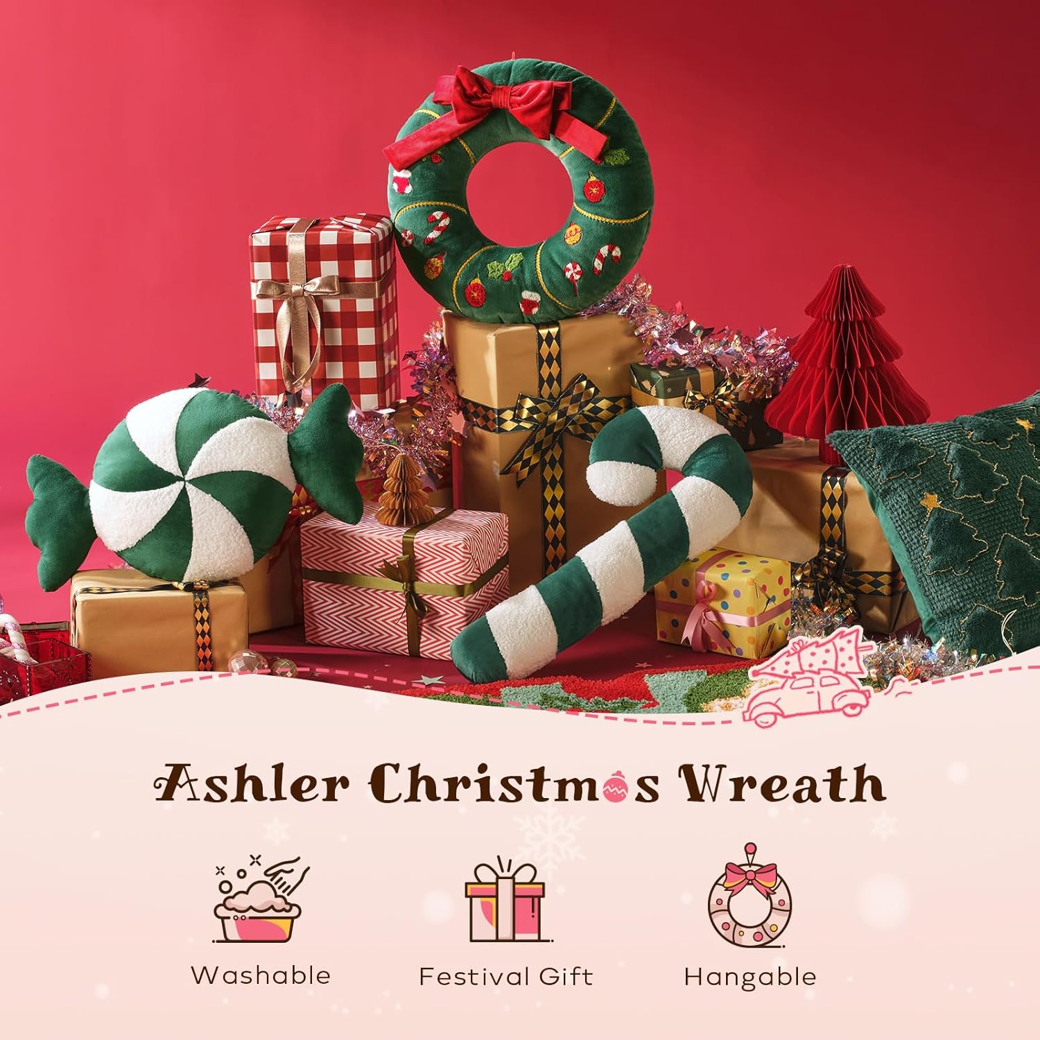 Christmas Wreath Shaped Throw Pillow, 16.5x16.5 Inch Soft Short Plush with 3D Bow & Embroidery, Green Decorative Cushion for Sofa and Bedroom