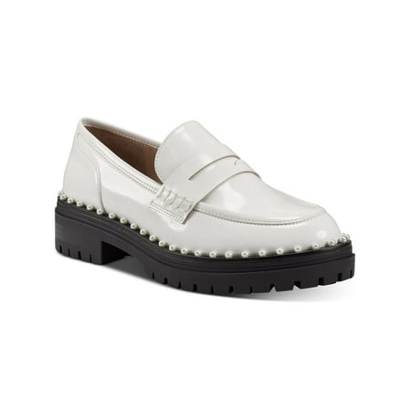 

INC Womens White Faux Pearl Embellished Penny Padded 1 Platform Slip Resistant Lug Sole Branna Round Toe Block Heel Slip On Loafers Shoes 5 M