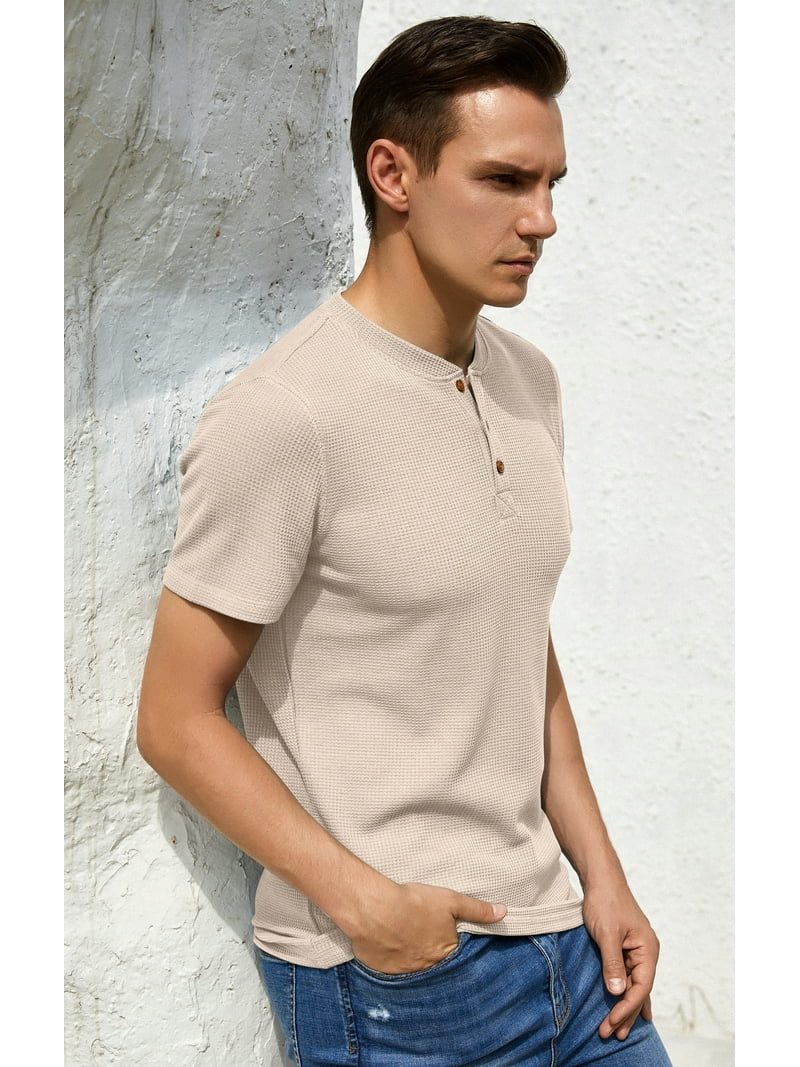 【SATIIIZ】Leto Waffle Henley Neck Ringer Tee GIRUNS Men's Waffle Henley T-Shirt, Short Sleeve Summer