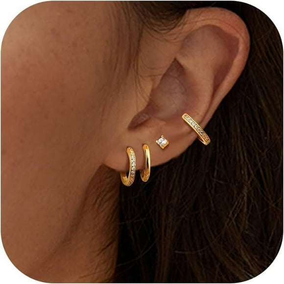shiyou-4 Pairs Dainty Gold Stud Earrings for Women 14k Gold Plated Earring Sets for Multiple Piercing Hypoallergenic Small Hoop Earring Stack Sensitive Earrings Stackable Hoops Earings