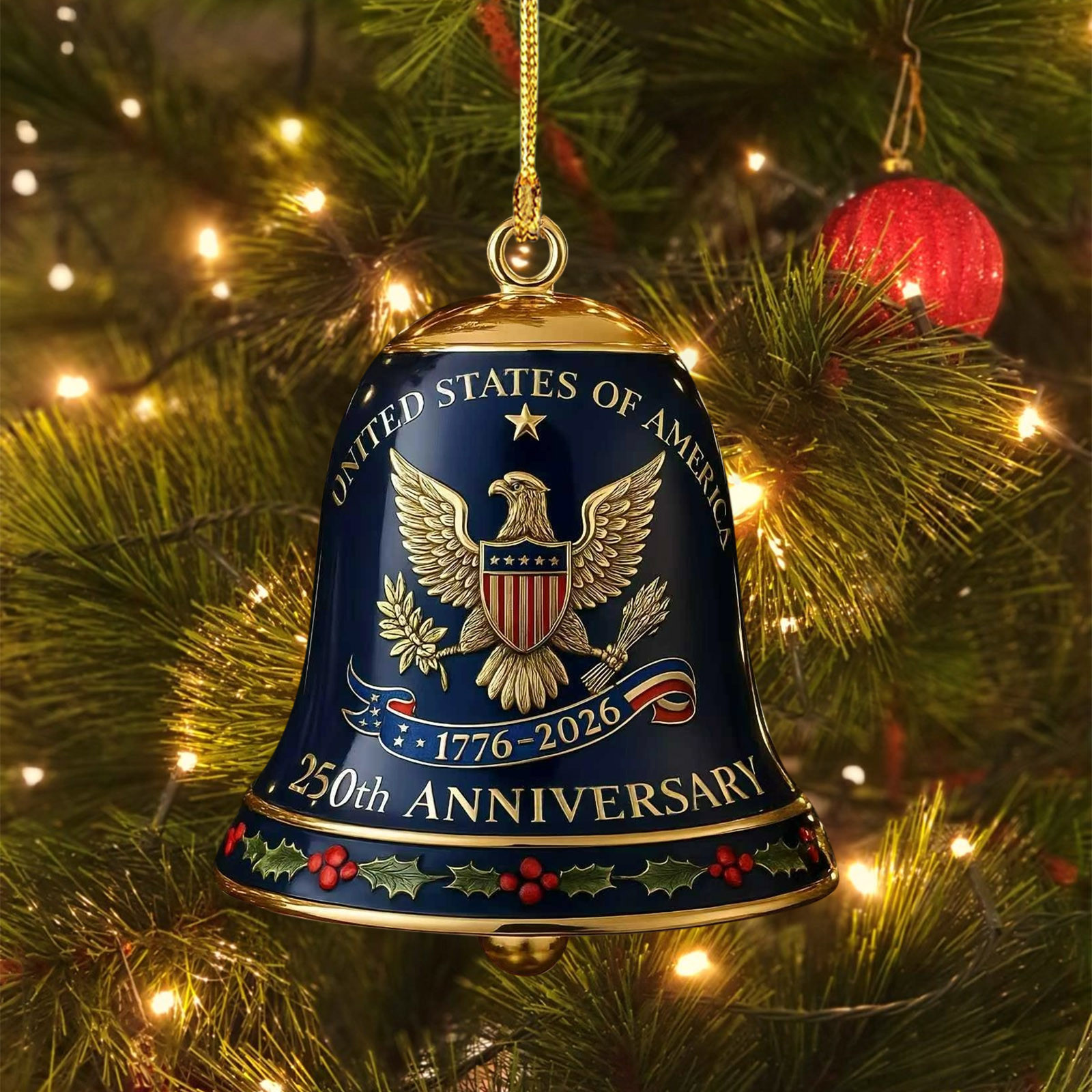 United States 250th Anniversary Bell Ornament, 250th Anniversary Metal Bell Ornament – 1776-2026 Red & Gold Patriotic Christmas Tree Hanging Decor, Shatterproof Holiday Ornament Gift (2PCS)