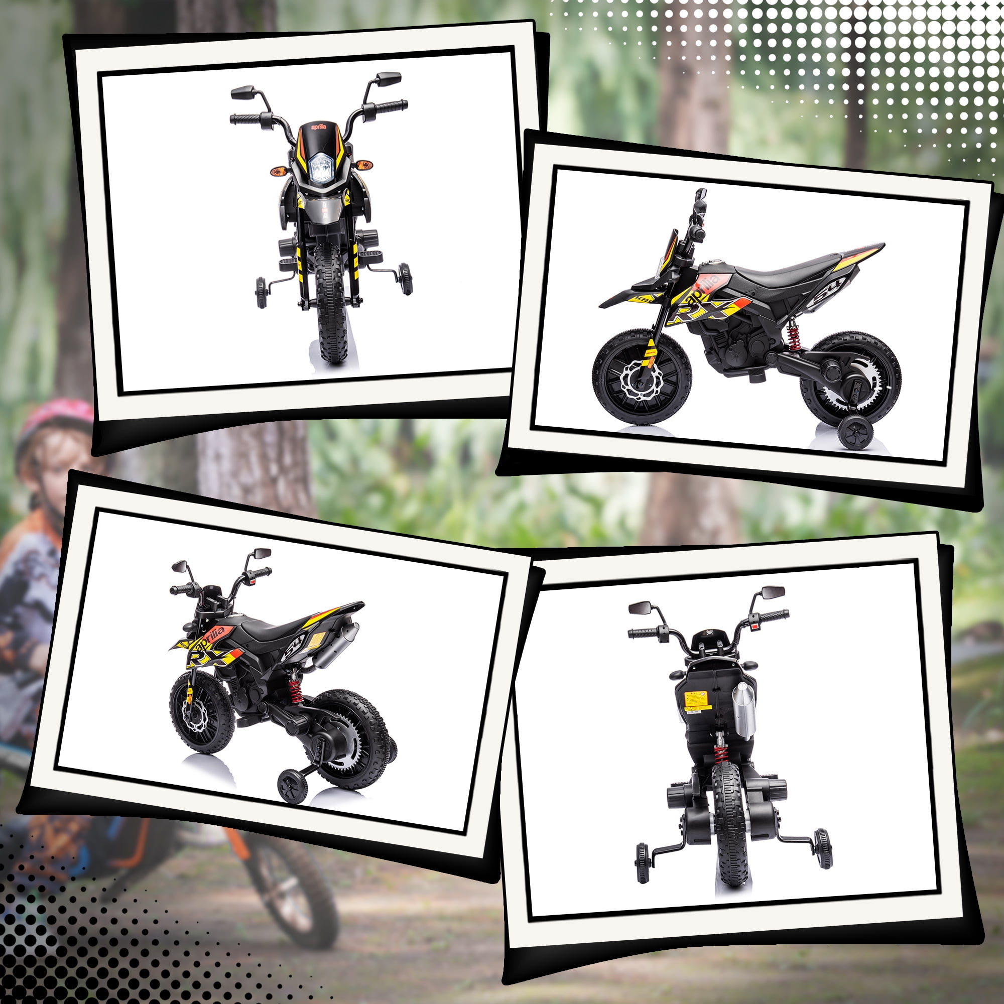 Riding Toys Qaba 12V Motorcycle, Aprilia Licenced Electric Motorcycle for with Training Wheels, Spring Suspension, LED Light, USB, Music, Battery Powered Electric Dirt Bike for Gi