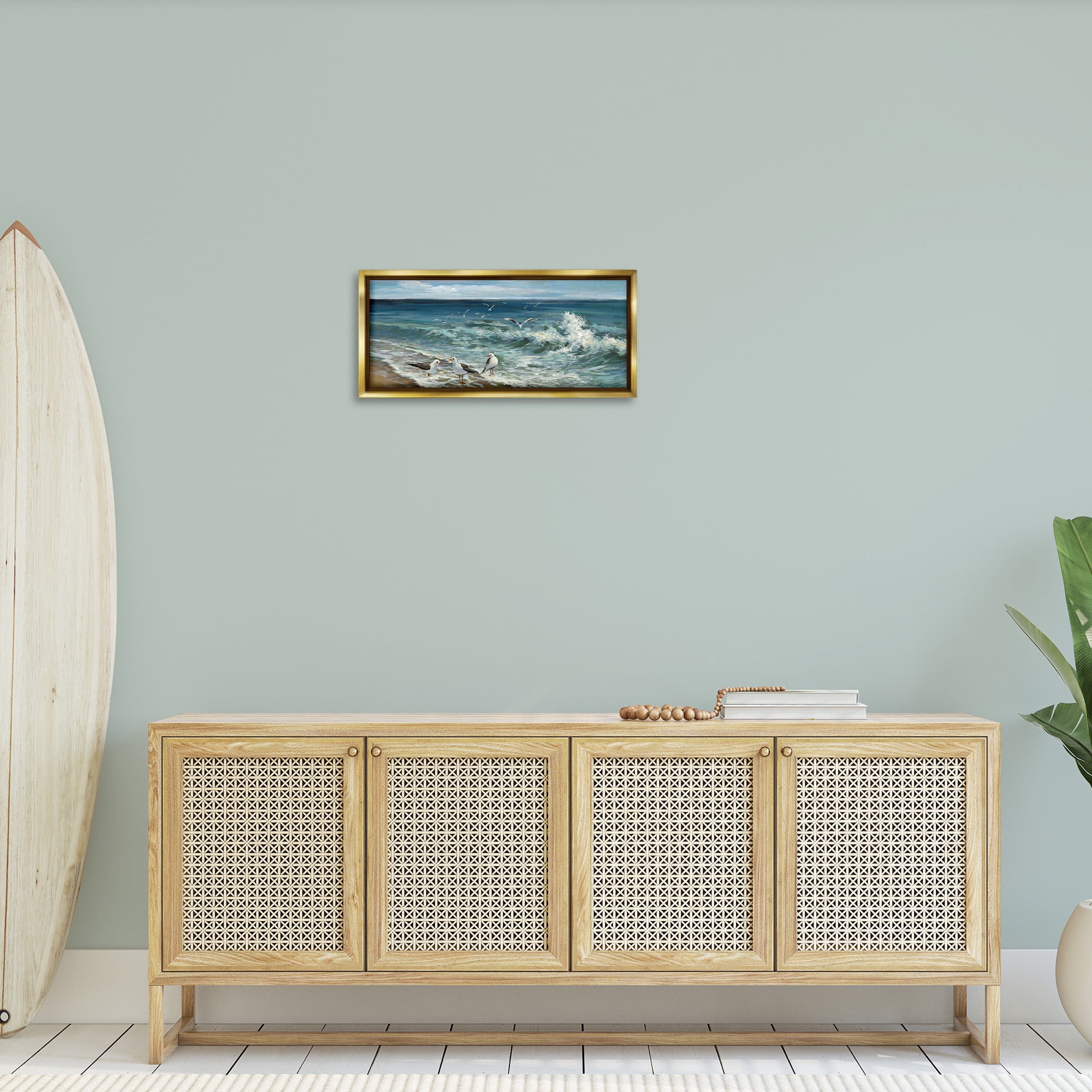 Stupell Industries Incoming Beach Tide Seagulls Nature Painting Gold Floater Framed Canvas Art Print Wall Art, 25 x 11