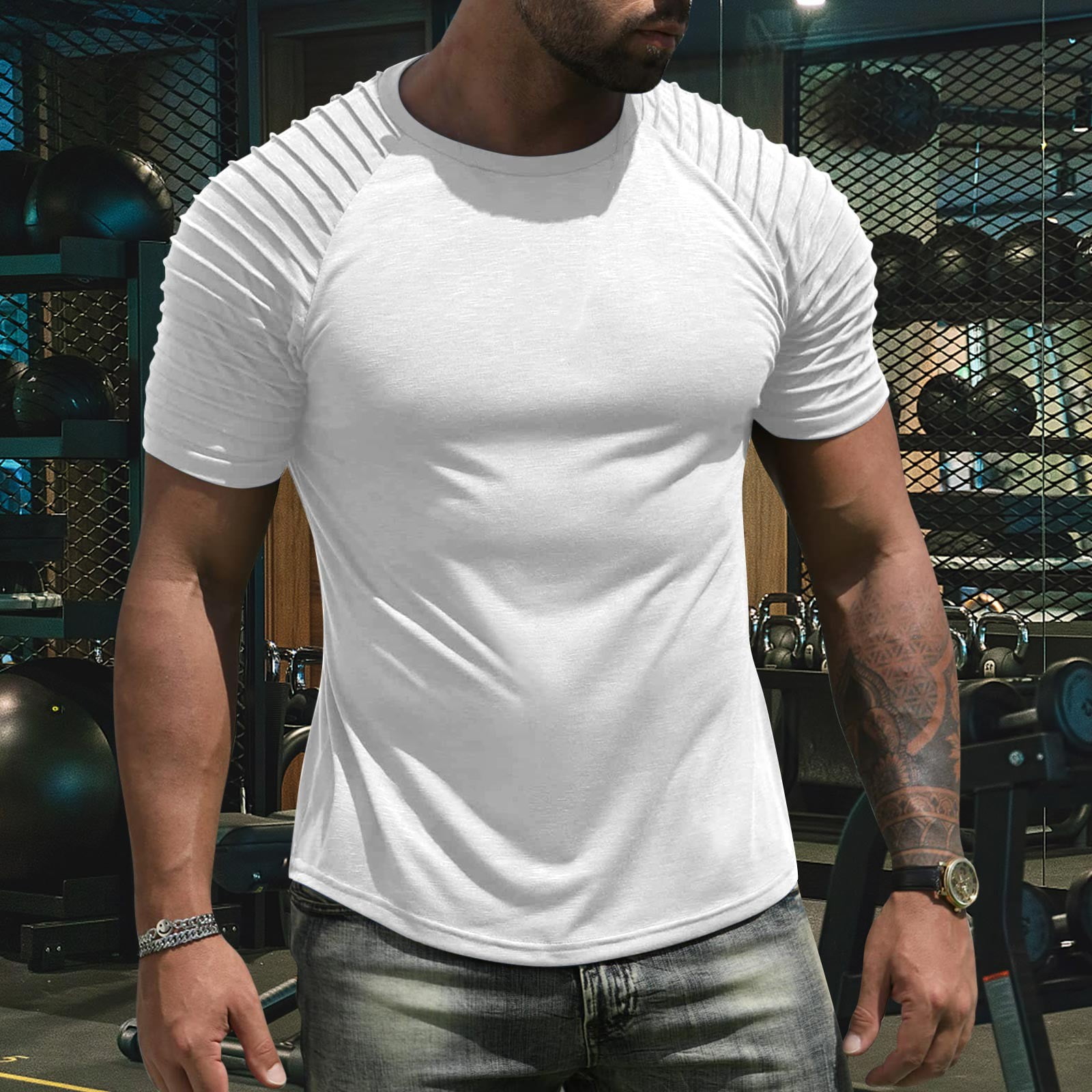 Mens Short Sleeve Casual Slim T Shirt O Basic Arm Pleated Muscle Workout Men T Shirts White XL - Walmart.com