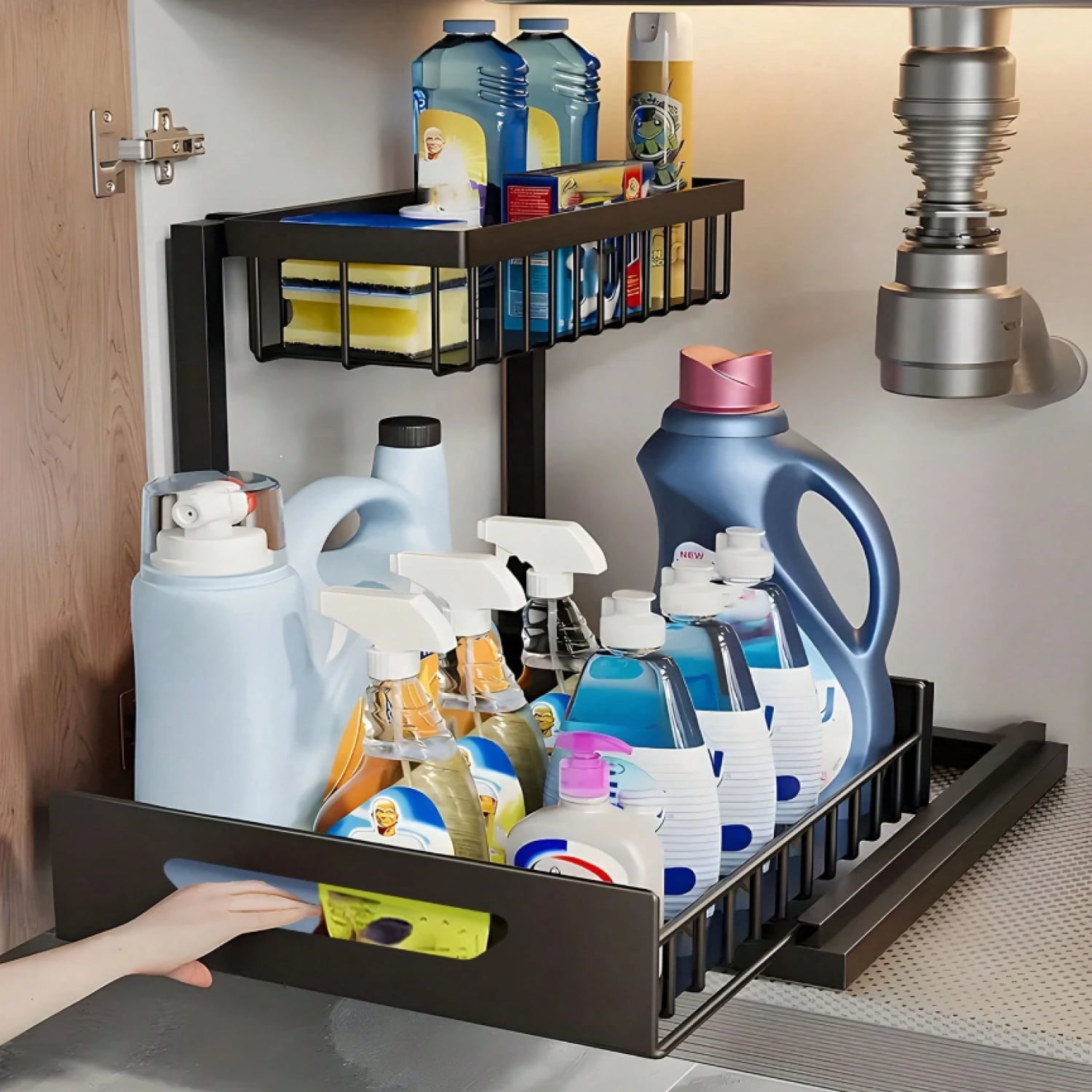NTGFU 2 Tier Gray Under Sink Organizers and Storage, Slide Out Pull Out Cabinet Organizer Shelf, Metal Sliding Drawer for Kitchen Bathroom Pantry Cabinet Closet Organization Rack