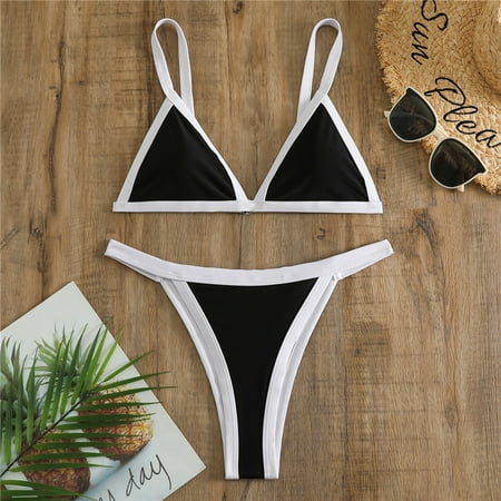 Trendy Black and White Splicing Triangle Bag Shoulder Dual Shoulder Open Back High Waist Bikini Swimwear