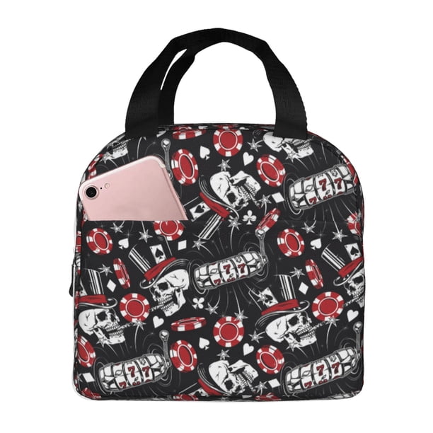 Easygdp Vintage Skull Casino Bolsa Térmica Premium - Tela Oxford Impermeable, Gran Capacidad, Bolsillo Frontal, Unisex para Trabajo, Escuela, Actividades al Aire Libre y Picnics