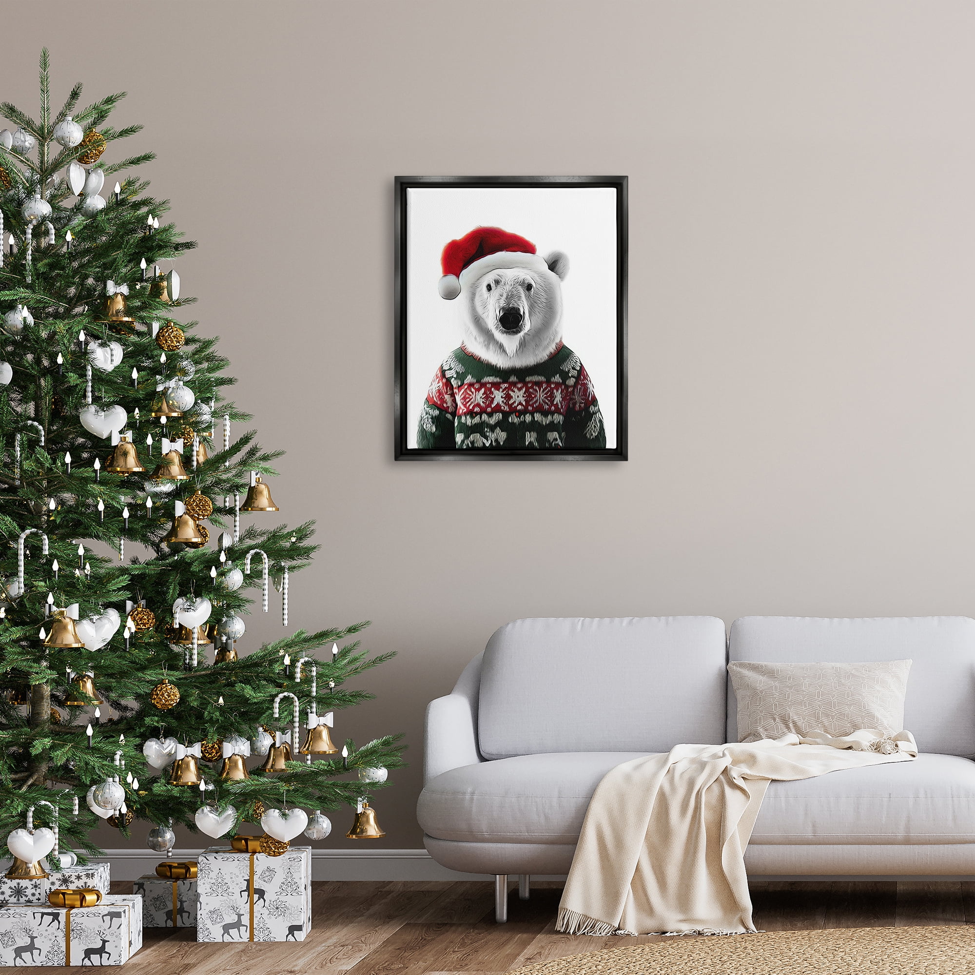 Stupell Industries Bear in Holiday Sweater Holiday Painting Black Floater Framed Canvas Art Print Wall Art, 25 x 31