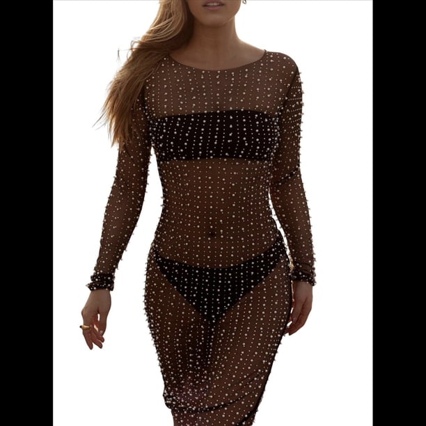 Vestido de Transparente con Perlas y Diamantes de Imitación para Mujer. Traje de Baño Tipo Bikini. Negro S