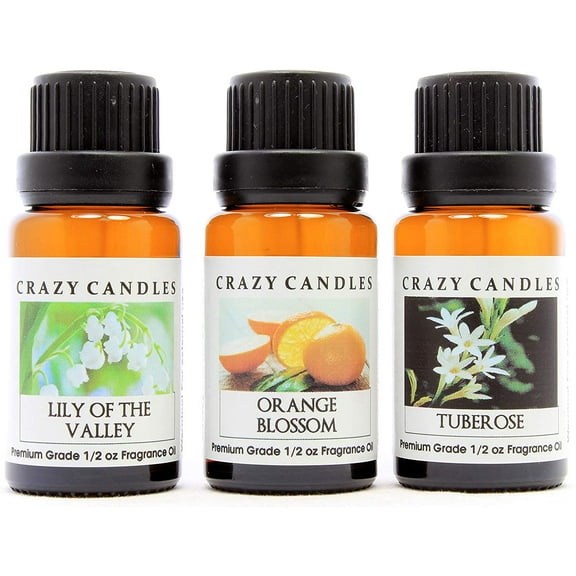 Crazy Candles 3 Bottles Set (Made in USA) 1 Lily of The Valley, 1 Orange Blossom, 1 Tuberose 1/2 Fl Oz Each (15ml) Premium Grade Scented Fragrance Oils