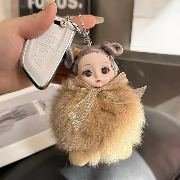 Colgante de llavero de muñeca peluda | Accesorio de bolsa de felpa suave para mochila, bolso, llaves de coche | Rosa, Caqui, Blanco, Gris | Lindo regalo ligero, 15x11x5cm, gancho de metal duradero