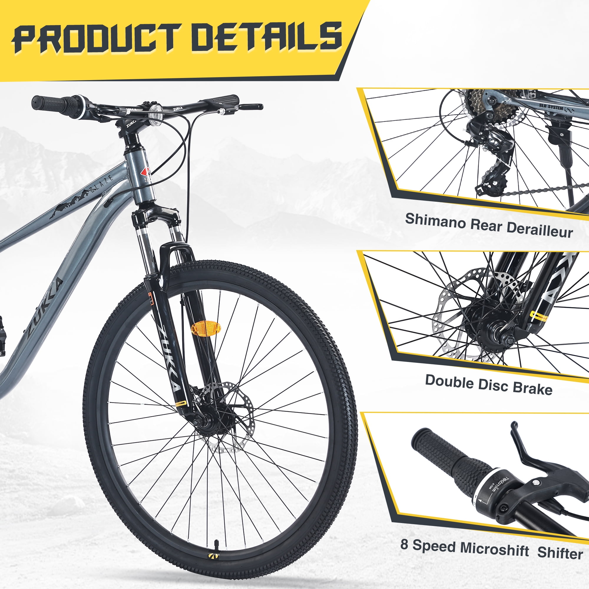 Ambifirner 8-Speed Mountain Bike: Men Commuter Bike - Dual Disc Brakes & Shock Absorption - Rugged Steel Frame Bicycle for Men/Women (26-Inch Wheels, Yellow