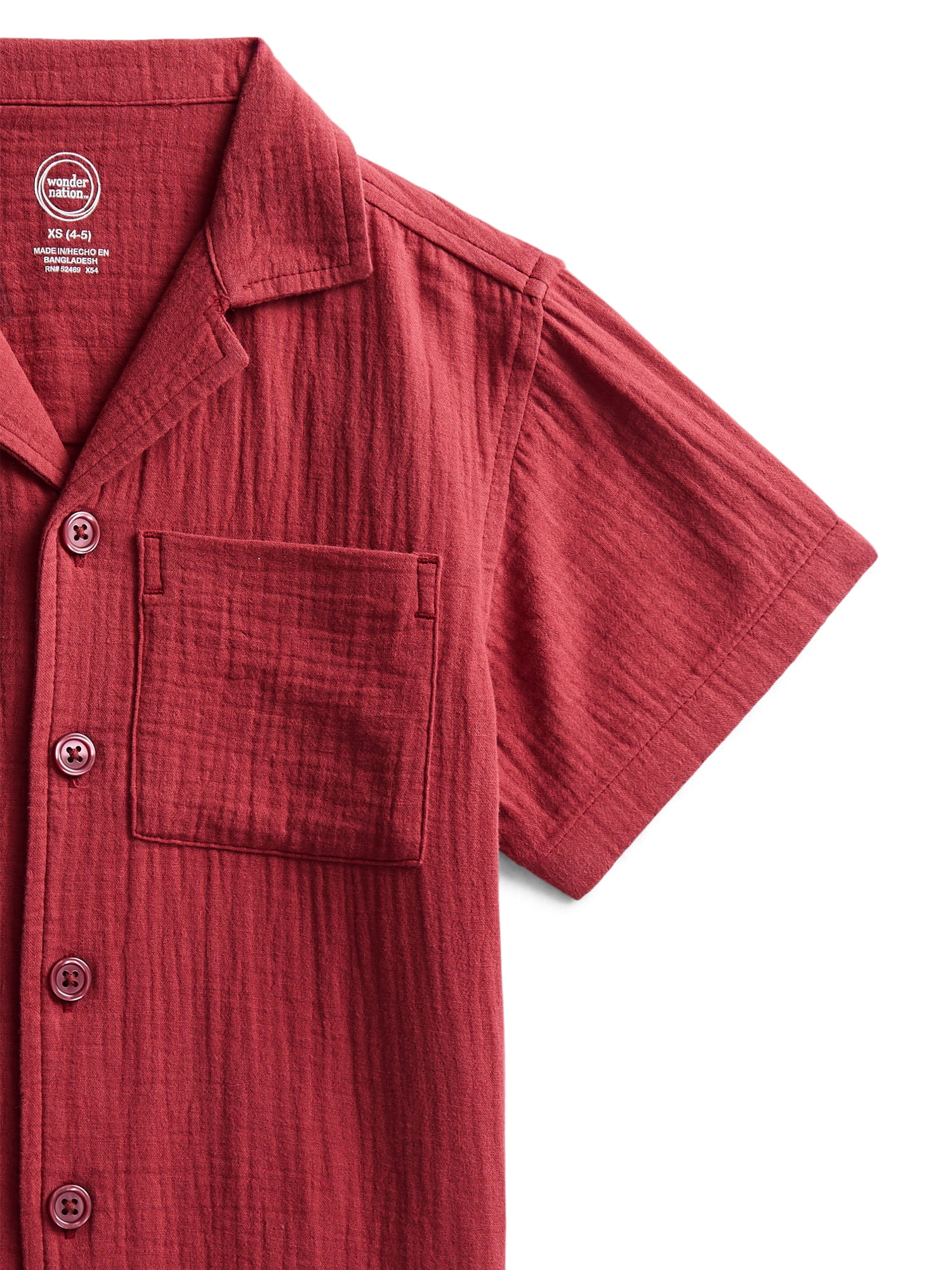 Wonder Nation Boys' Cotton Gauze Button Front Shirt with Short Sleeves, Sizes 4-18 & Husky