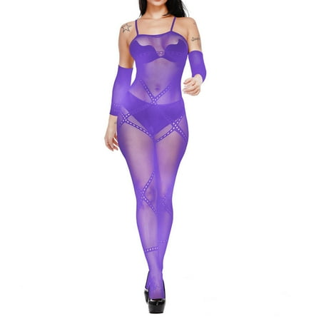 

Mesh Lingerie for Women Sexy See-Through Fishnet Bodystocking Bodysuit Babydoll Snap Crotch Nightwear with Gloves