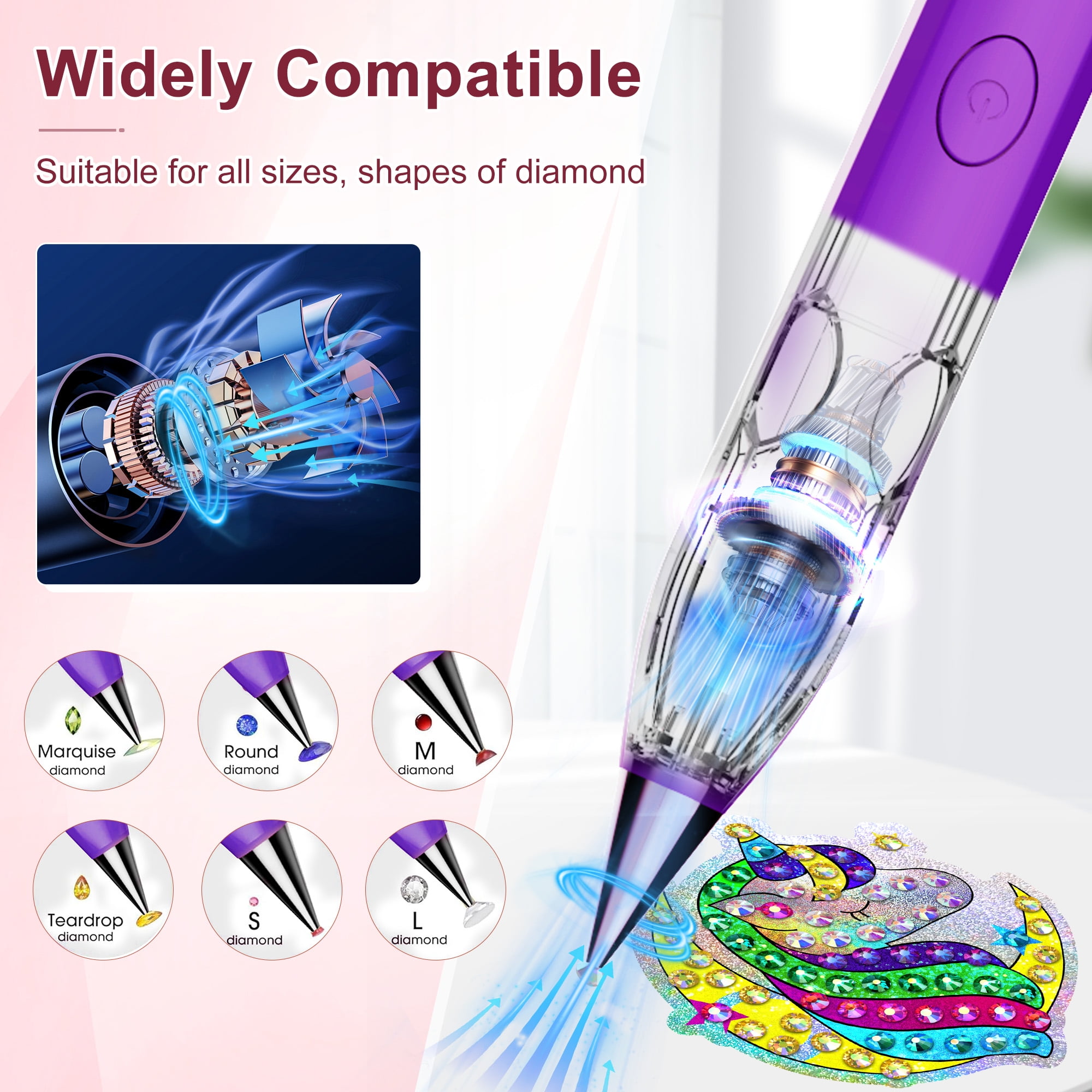 Diamond Painting Pen with Vacuum Pump, No Wax Needed, Lightweight Design, 3 Adjustable Suction Mode & Rechargeable, DIY Diamond Art Accessories and Tools(Purple)