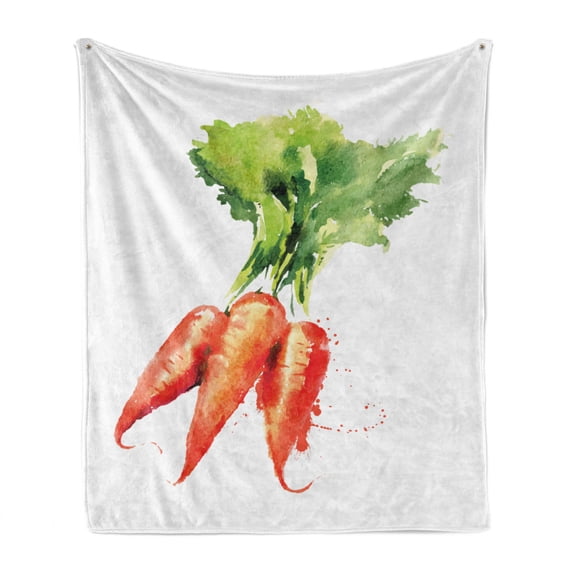 Vegetable Art Soft Flannel Fleece Blanket, Paintbrush Style Carrot Roots Fresh Grunge Watercolor Autumn Harvest, Cozy Plush for Indoor and Outdoor Use, 50" x 70", Orange Green White, by Ambesonne