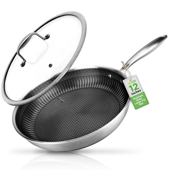 NutriChef 12-Inch Triply Stainless Steel Frying Pan, DAKIN Etched Non-Stick Stir Fry Pan with Scratch-Resistant Honeycomb Texture