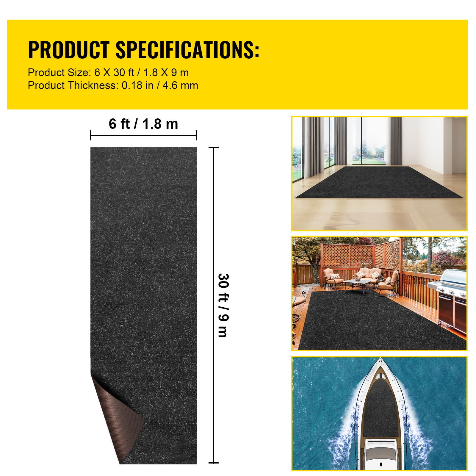 KFFKFF 6 ft x 30 ft Charcoal Black Marine Carpet Grade Carpet for Boats with Waterproof Back Outdoor Rug for Outdoor Area Rug Runner Non-Slide Porch Rug Patio Porch Deck Garage