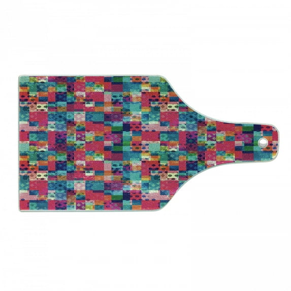 Geometric Cutting Board, Fashion Themed Italian Grunge Modern Color Contrast Squares with Dots Art, Decorative Tempered Glass Cutting and Serving Board, Wine Bottle Shape, Multicolor, by Ambesonne