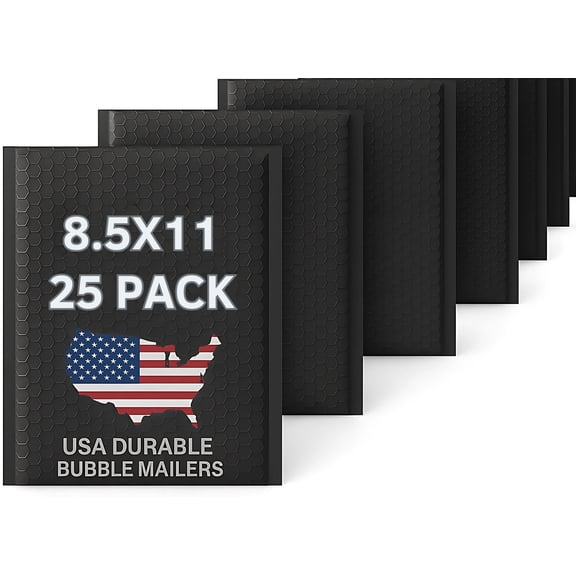 8.5"x11" (#2 Size) Black Hard Shell Poly Bubble Mailers – 25 Pack | USA Durable Bubble Mailers LLC | Padded Shipping Envelopes – Tear-Resistant, Self-Seal, Lightweight