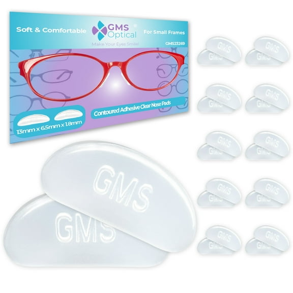 GMS Optical Contoured Adhesive Silicone Nose Pads for Glasses – 13mm Short Length, 1.8mm Thickness, Anti-Slip Backing ( 10 Pair, Clear)