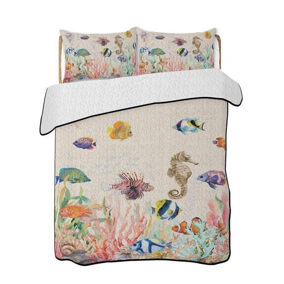 Quilt King Size Bedding Set, Seahorse Coastal Reversible Summer Quilt 3 Pieces, Nautical Ocean Summer Beach Coral Rustic Lightweight Bedspreads Coverlets with 2 Pillow Shams for All Seasons