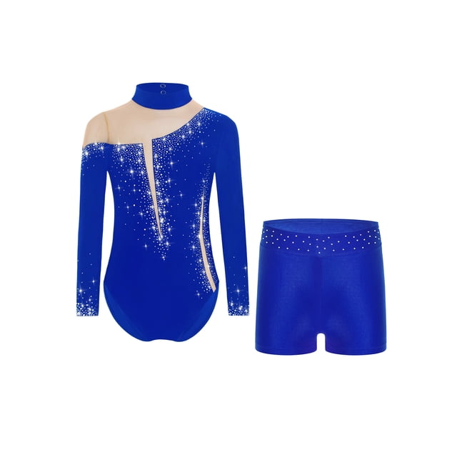 TiaoBug Kids Girls Gymnastics Leotard Long Sleeve Sparkly Rhinestone Skating Jumpsuit Workout Dance Unitard with Shorts Set Blue 14