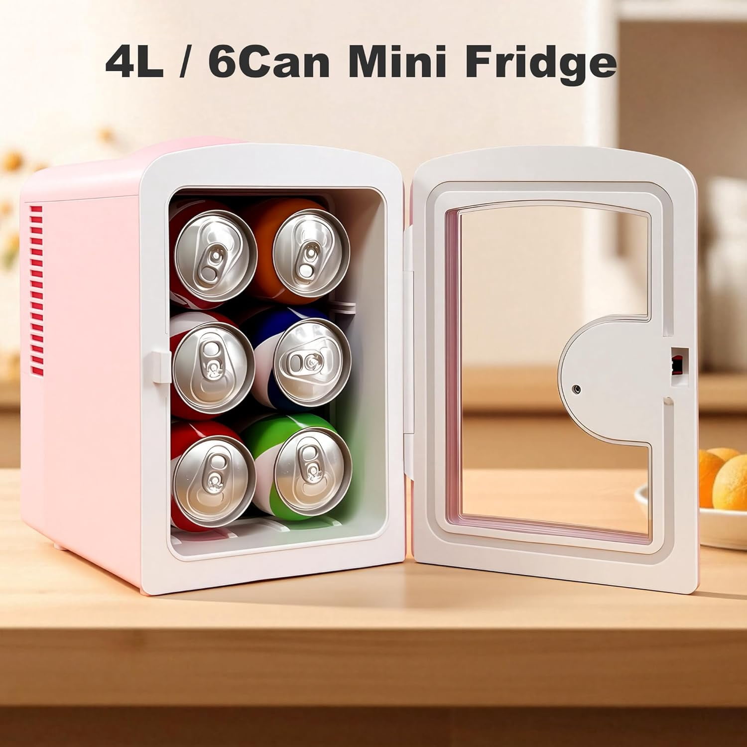 Fridge 4L with Viewing Window, Portable Skincare & Beverage Cooler for Bedroom Car Office Dorm Gift Pink