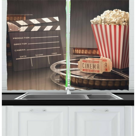 Film Reel Decoration Movie Theater Curtains 2 Panels Set, Old Fashion Entertainment Objects Related to Cinema Film Reel Motion Picture, Window Drapes for Living Room Bedroom, 55W X 39L Inches, Multicolor, by Ambesonne ()