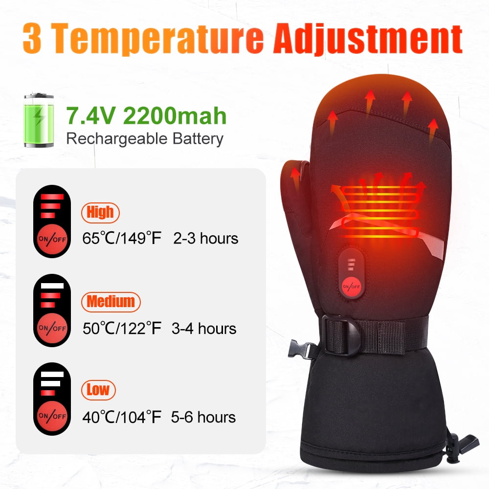 Sun Will 7.4V 2200mAh Rechargeable Battery Heated Ski Gloves, Unisex Winter Warm Mittens XXS-XXL