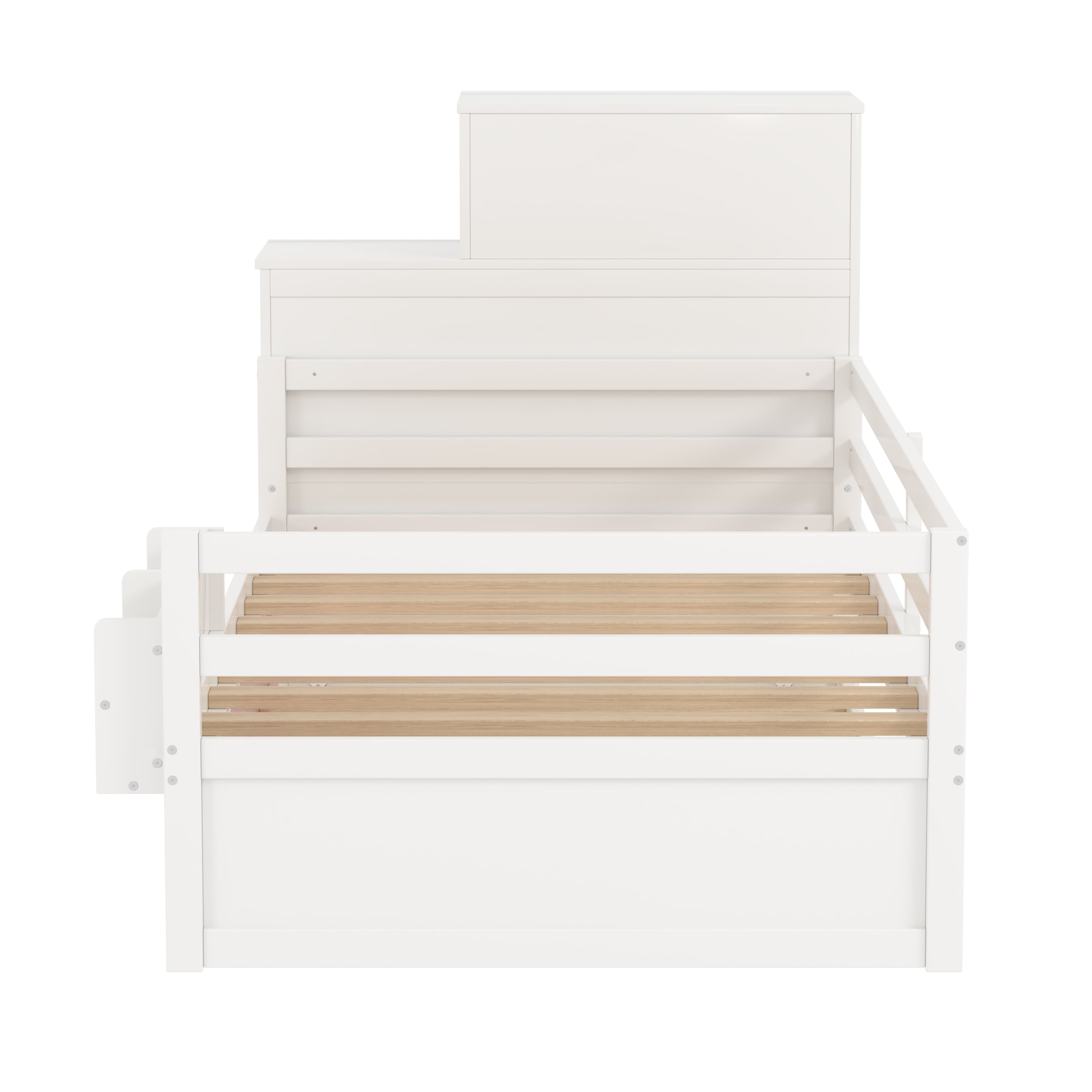 Gewnee Modern Twin Size Wood Platform Bed with Bookshelf and Movable Wardrob Bed Frame
