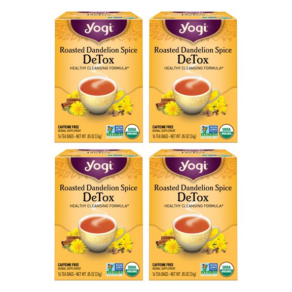 Yogi Tea Roasted Dandelion Spice DeTox, Herbal Tea, Wellness Tea Bags, 4 Boxes of 16