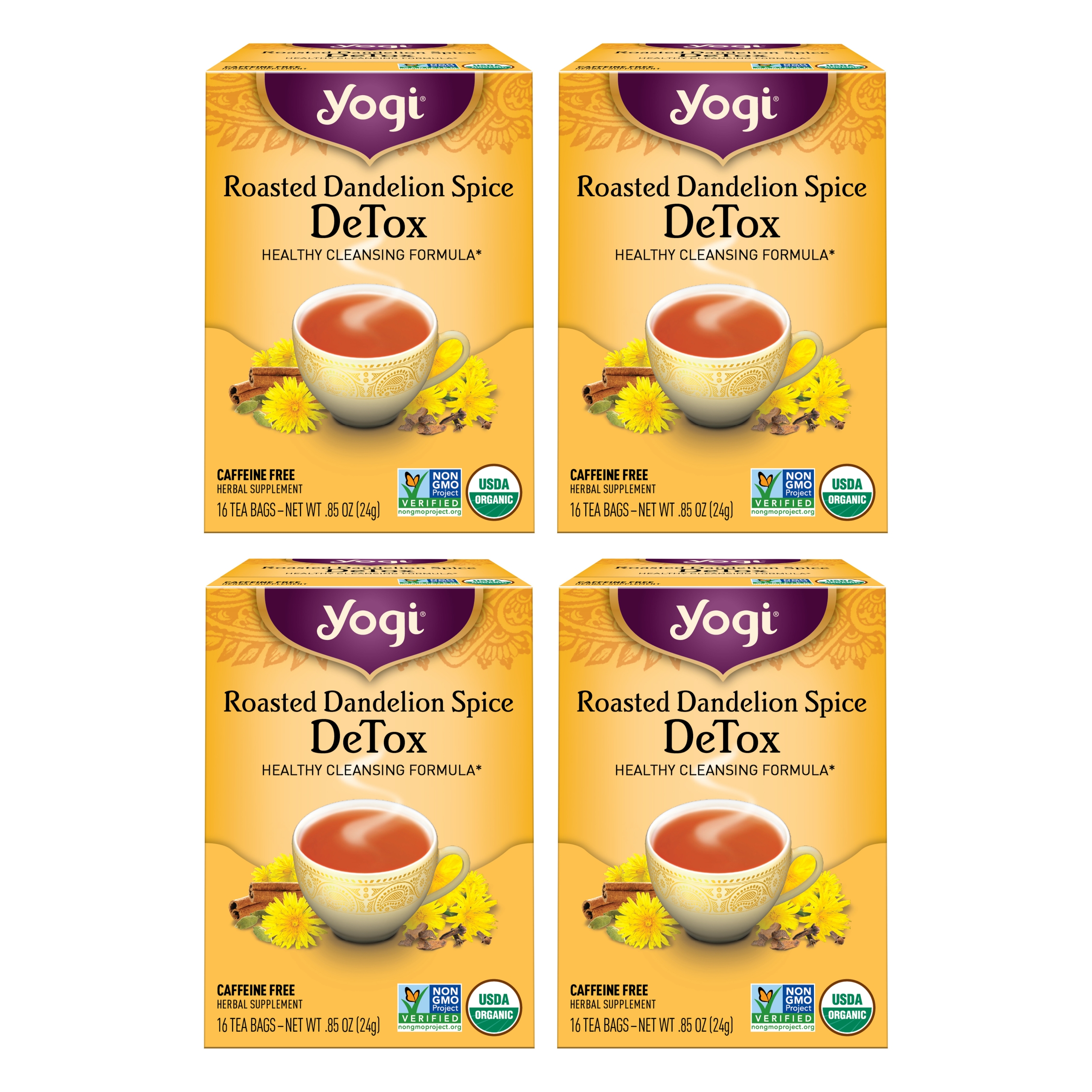 Yogi Tea Roasted Dandelion Spice DeTox, Herbal Tea, Wellness Tea Bags, 4 Boxes of 16