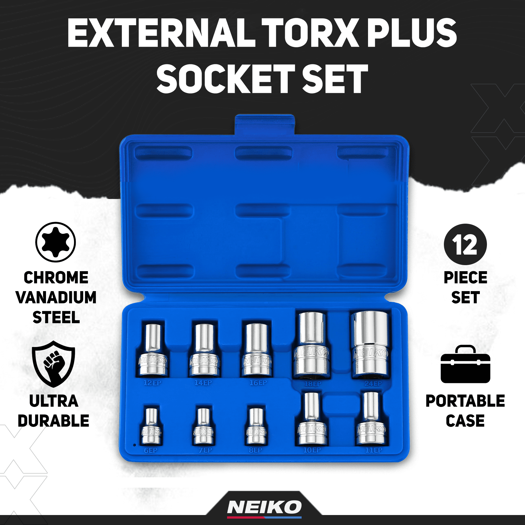 Neiko 02473A External Torx Plus Socket Set, 10 Piece | 1/4-Inch EP6 - EP8, 3/8-Inch EP10 - EP16, 1/2-Inch Square Drive EP18 and EP24 | CR-V Steel