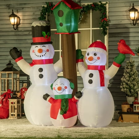 Homcom 7Ft Inflatable Christmas Snowman Family With Bird And Birdhouse, Blow-Up Outdoor Led Yard Display For Lawn Garden Party