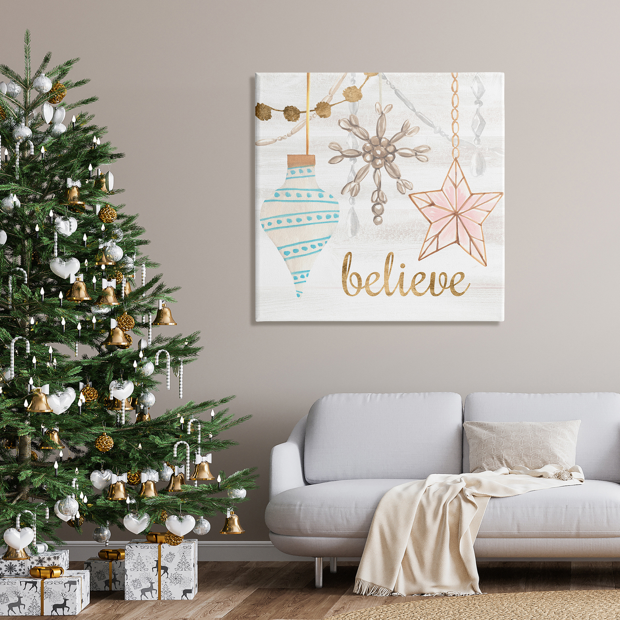 Glimmering Believe Text Holiday Ornaments Star Snowflake Inspirational Graphic Art Gallery-Wrapped Canvas Print Wall Art