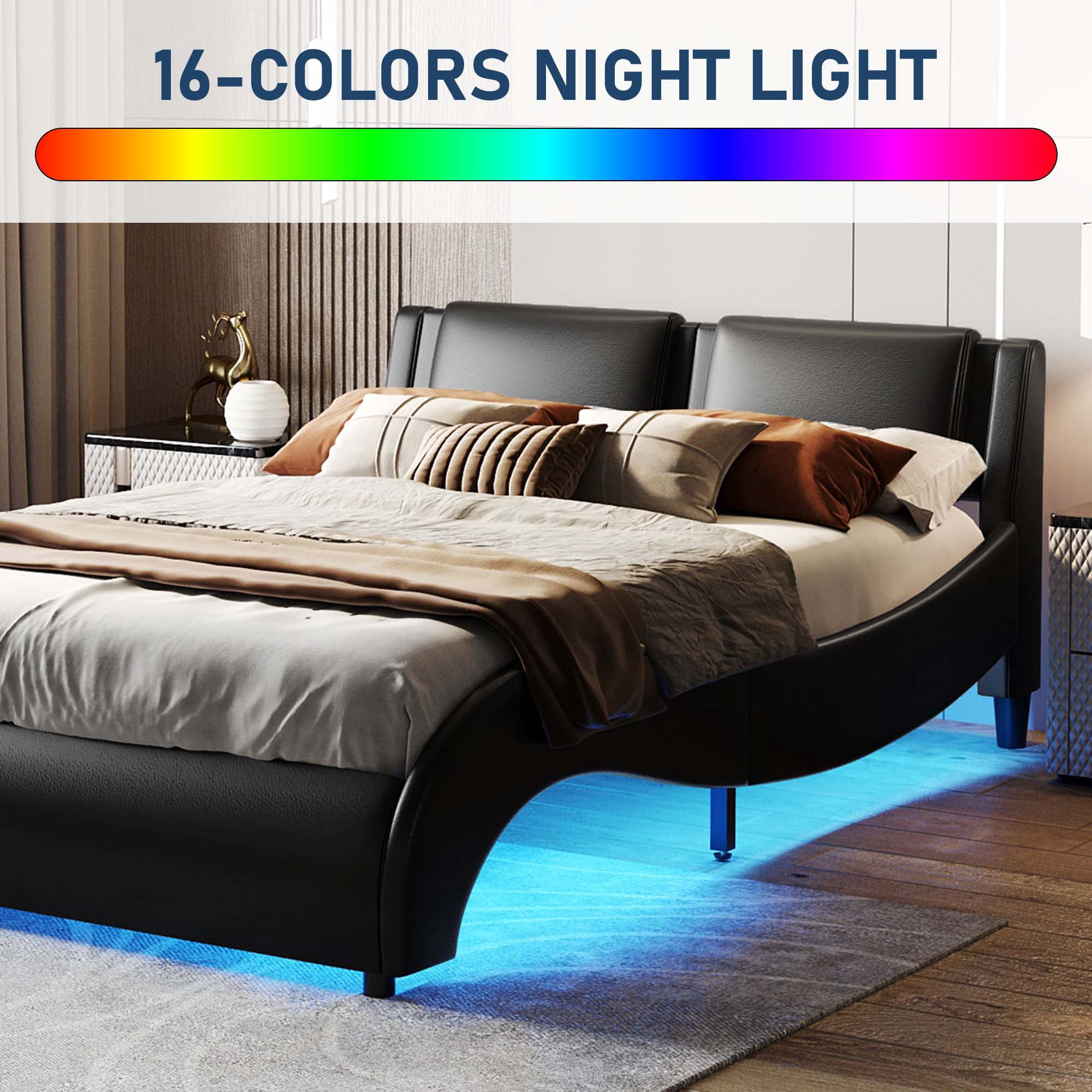 Aukfa Faux Leather Queen Upholstered LED Platform Bed Frame with Headboard, 16 LED Light Bed - Black