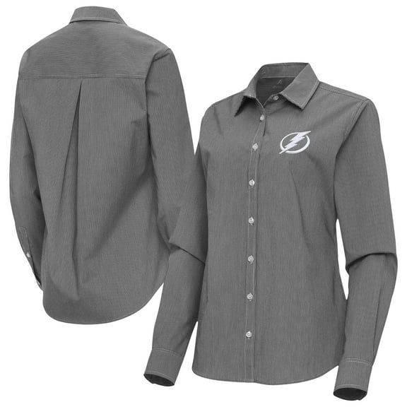 Women's Antigua Black Tampa Bay Lightning Porter Woven Tri-Blend Long Sleeve Button-Up Shirt