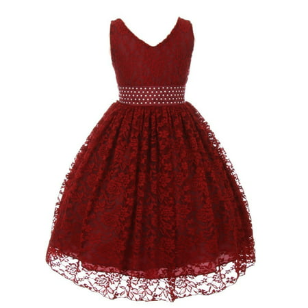 Little Girls Burgundy V-Neck Lace Overlaid Flower Girl Occasion Dress ...