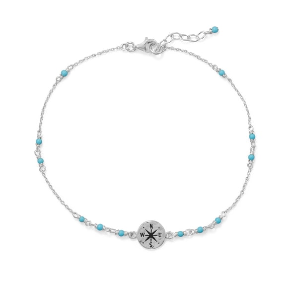 Sterling Silver Beaded Compass Charm Anklet