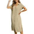 thumbnail image 2 of Xuniizn Robe en Coton et Lin pour Femmes Grande Taille Robe Midi Été Décontractée Couleur Unie Col à Revers Robe Chemise à Boutons, P-3TG, 2 of 6
