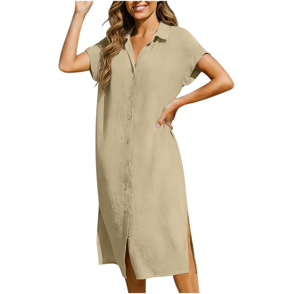 gakvbuo Linen Dress For Women Short Sleeve Summer Dress Long Dress Crewneck Loose Solid Maxi Dress Solid Collar Button Shirt Dress