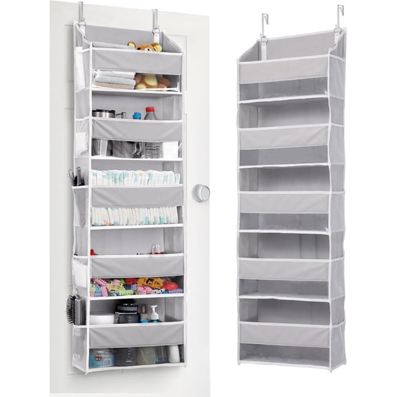 Over Door Organizer with 5 Large Pockets 10 Mesh Side Pockets, 44 lbs Weight Capacity Hanging Storage Organizer with Clear Window for Kids Toys, Shoes, Diapers, Grey