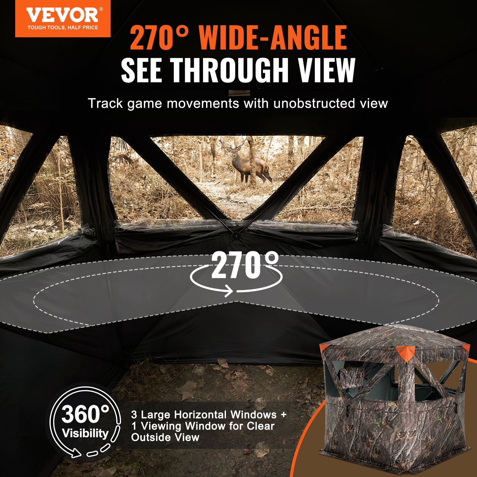 VEVOR Hunting Blind, 270° Ground Blind, 2-3 Person Pop Up Deer Blind for Hunting with Carrying Bag, Portable Resilient Hunting Tent, 3 Horizontal Windows for Turkey and Deer Hunting