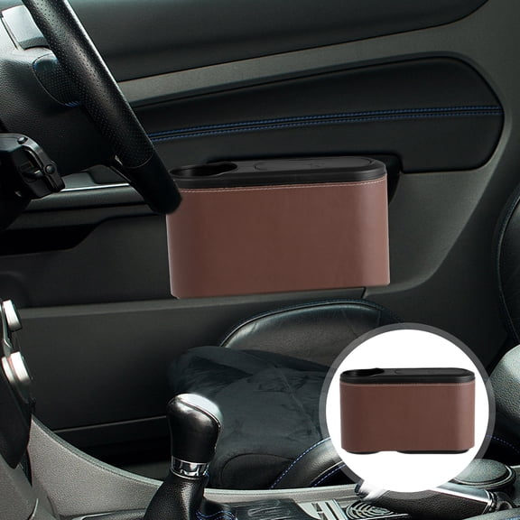 COMPUKAS Brown Car Trash Can with Lid, Front Seat Automotive Garbage Organizer for Vehicle