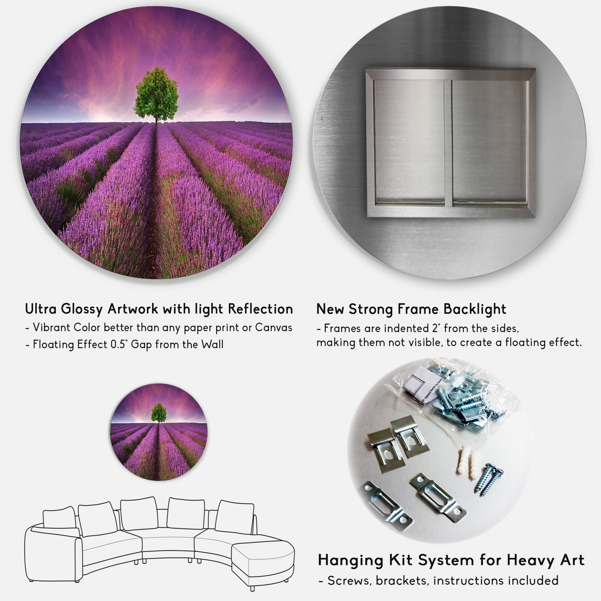 Designart 'Tree With Stunning Lavender Field Summer Sunset' Farmhouse Circle Metal Wall Art 29x29 - Disc of 29